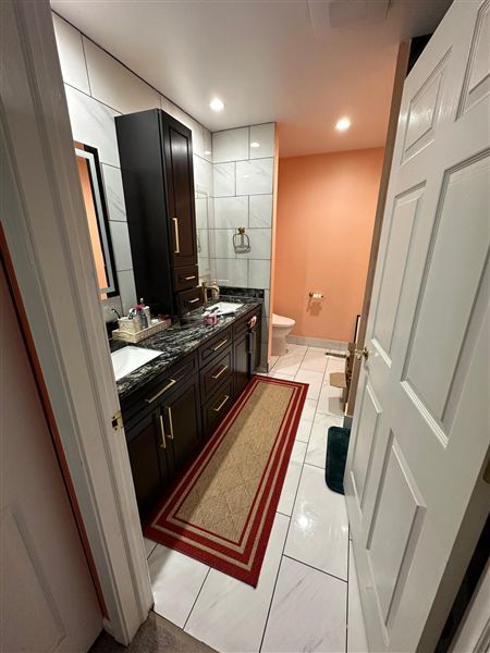 Red bathroom double dark vanity
