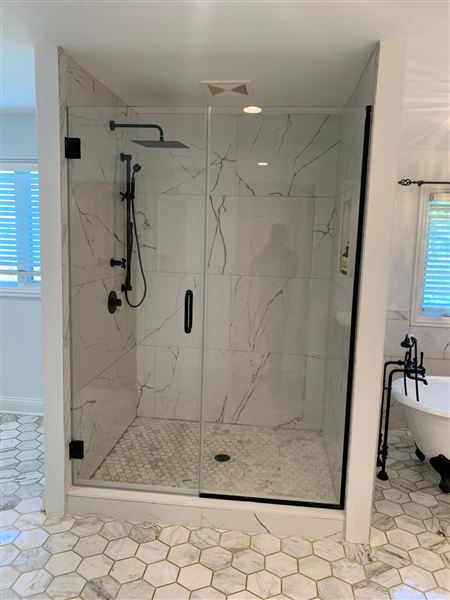 Corner glass shower marble tile freestanding tub